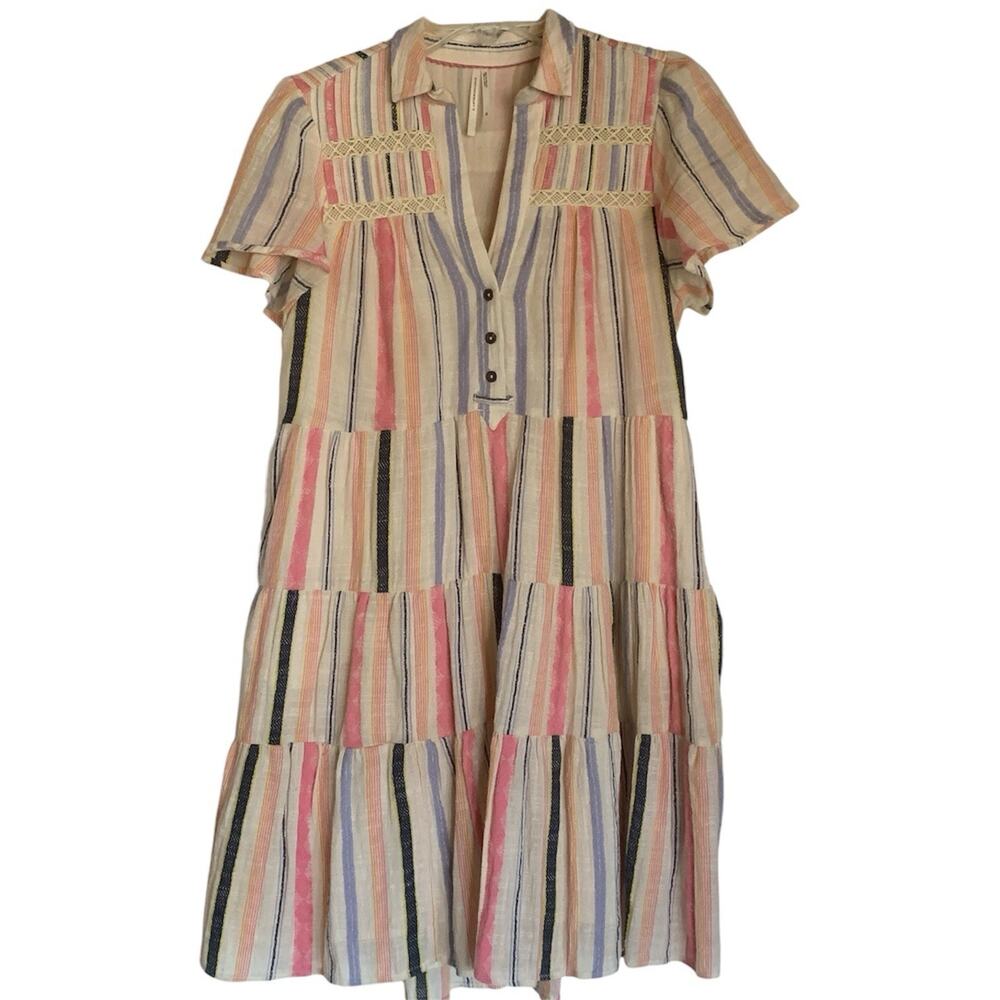 Anthropologie Georgina Dress Cotton Striped Tiered Pockets Lace Trim Ladies XS